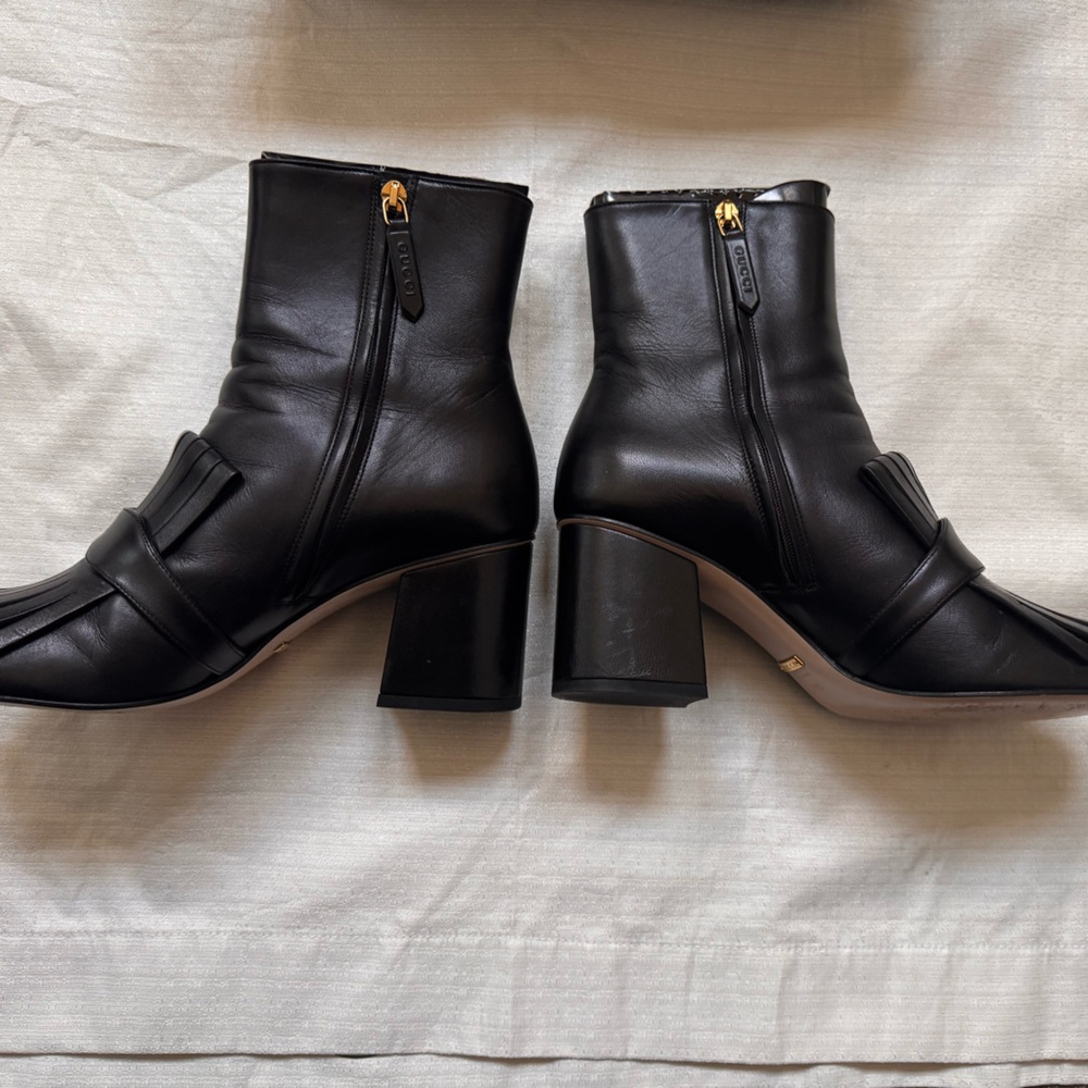 Gucci Marmont Black Calfskin Fringe Ankle Boots Gold GG EU 39.5 / US 9.5 Box - Picture 12 of 15